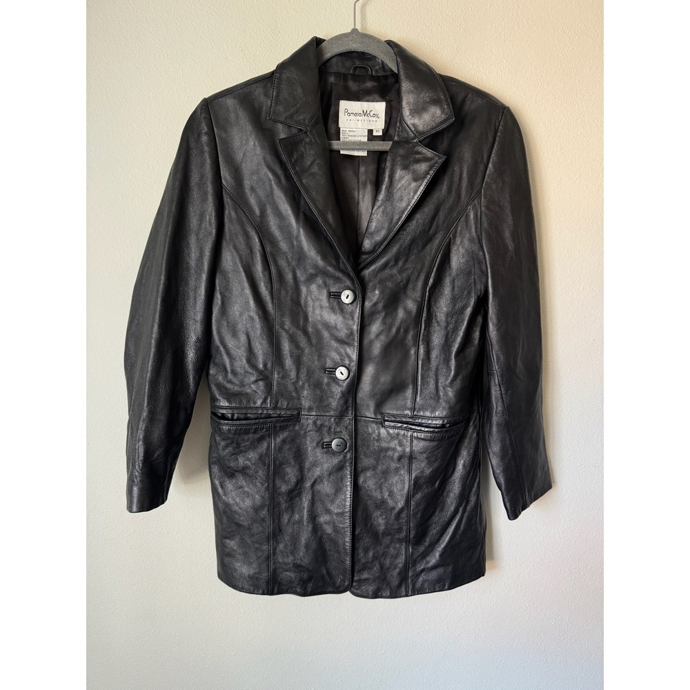 Pamela McCoy Vintage Black Genuine Leather Blazer Jacket Womens‎ XS 3-Button